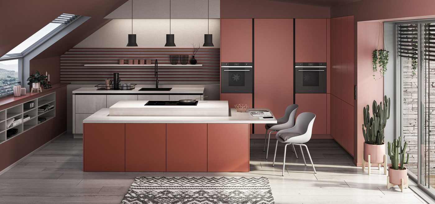 Cuisine terracotta chaleureuse avec plan de travail clair