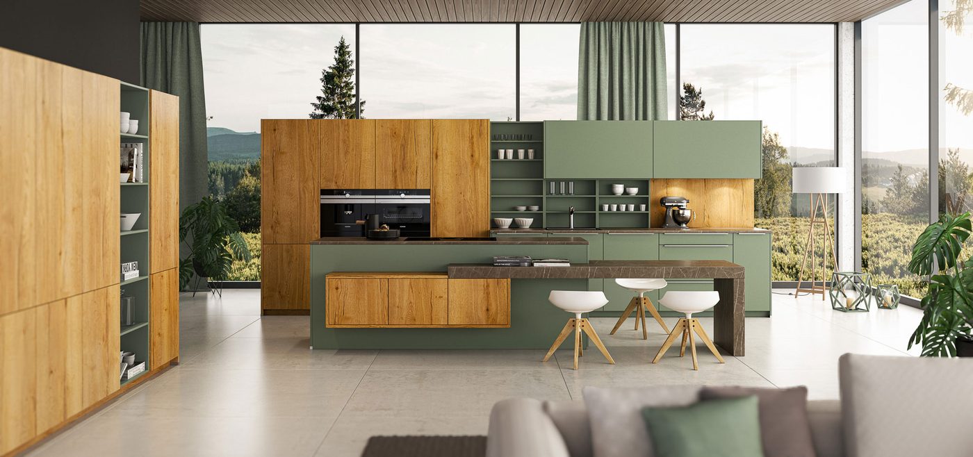 Cuisine vert eucalyptus et chêne doré ouverte sur le séjour